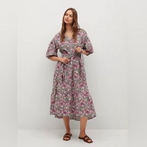 MNG Mango size 6 Linda midi dress puff sleeve green pink floral 100% cotton